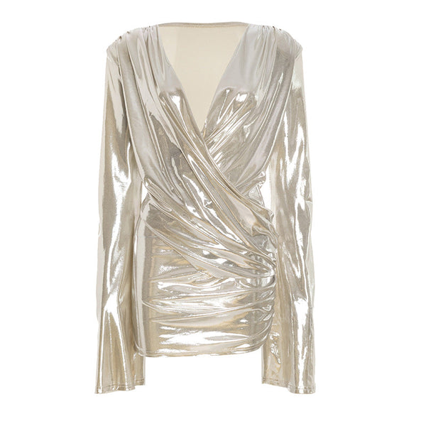 Long sleeve metallic ruched v neck mini dress