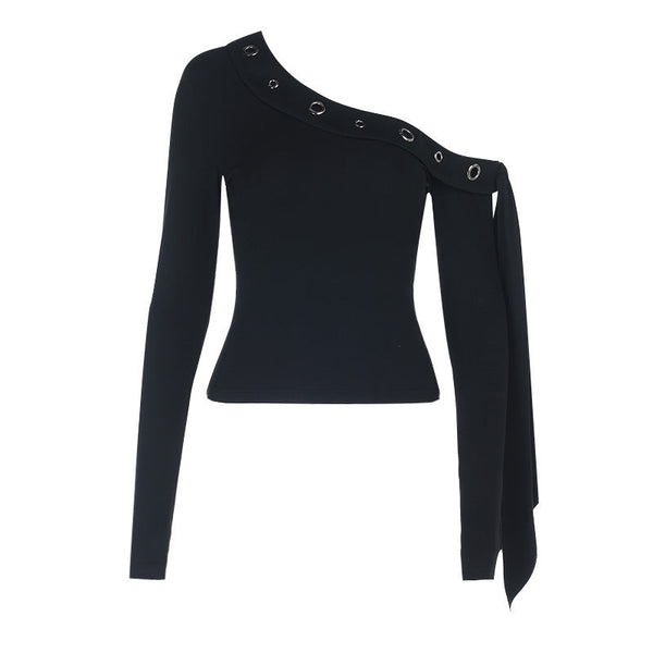 Long sleeve one shoulder knotted top