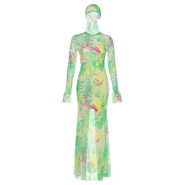 Long sleeve crewneck print sheer mesh maxi dress