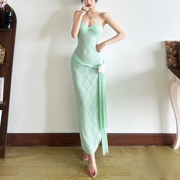 Mesh v neck flower applique cami maxi dress