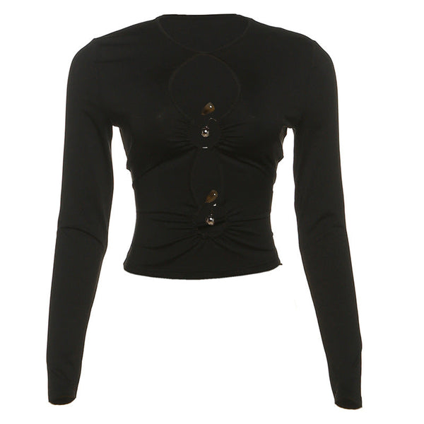 Long sleeve hollow out ruched crewneck top