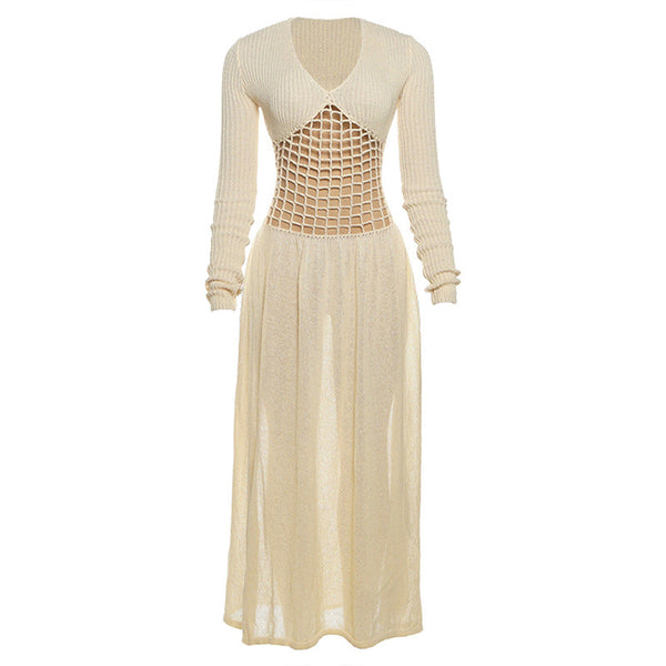 Hollow out v neck long sleeve knitted maxi dress