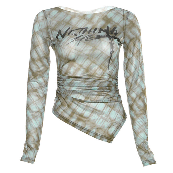 Plaid crewneck long sleeve irregular ruched top