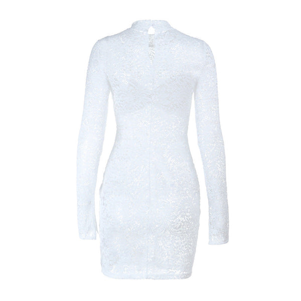 Long sleeve lace see through ruched mini dress