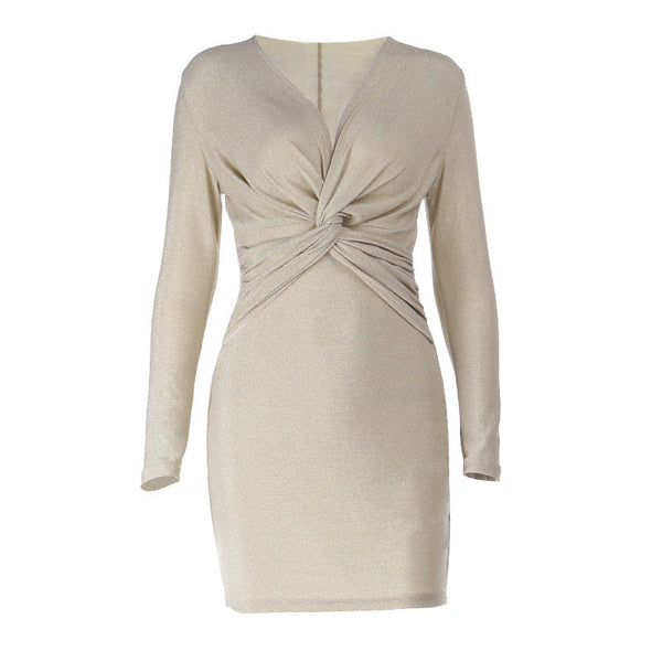 V neck ruched long sleeve mini dress