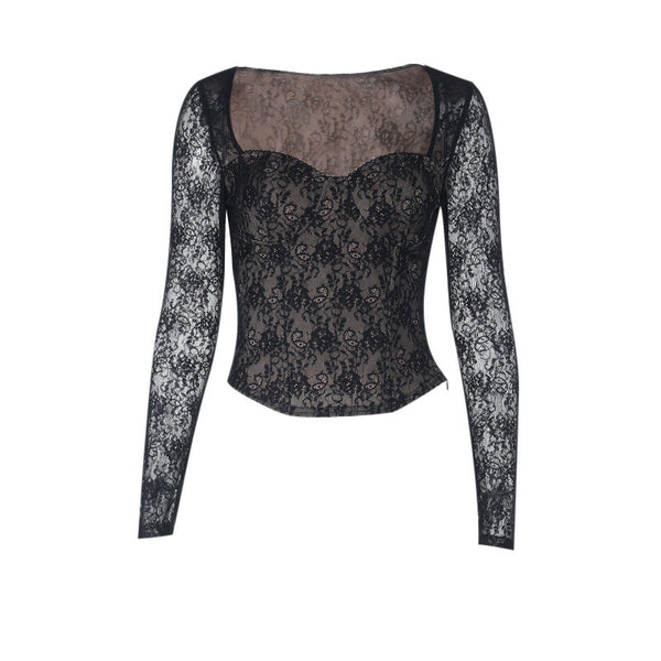 Long sleeve lace corset zip-up top