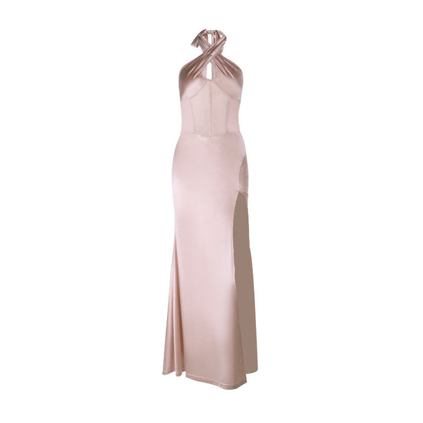 Halter backless satin high slit maxi dress
