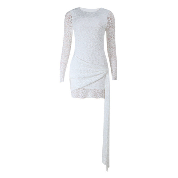 Long sleeve crewneck ruched mini dress