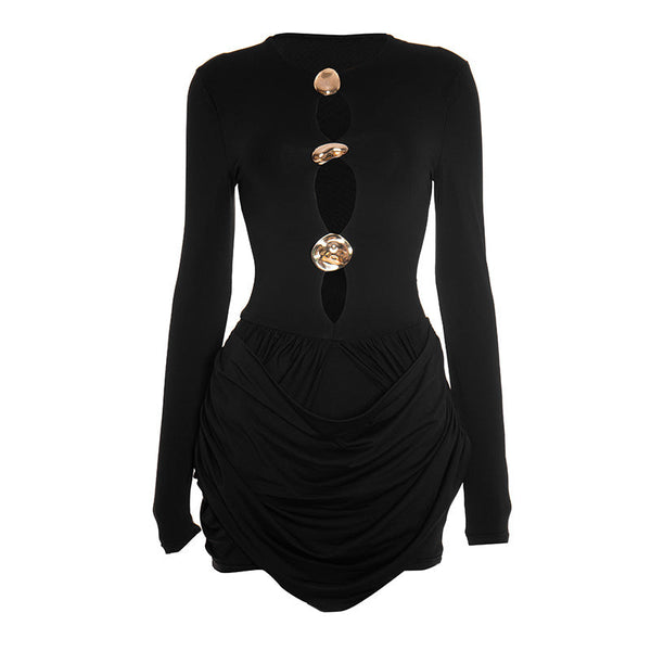 Long sleeve ruched hollow out mini dress