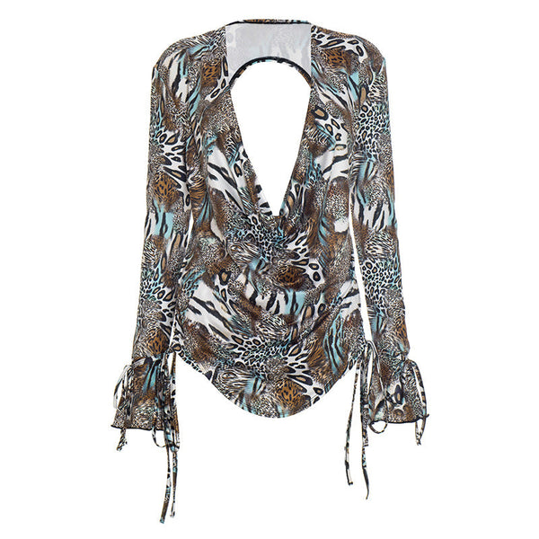 Deep v neck self tie hollow out short pant set