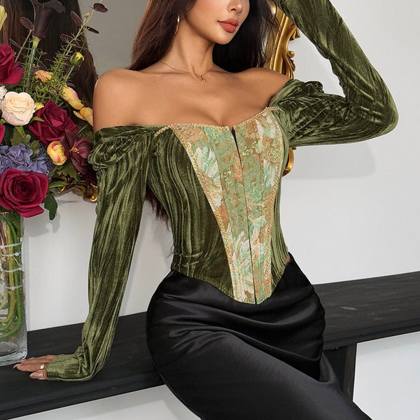 Long sleeve velvet button corset top