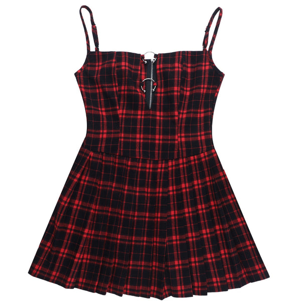 Plaid zip-up pleated cami mini dress