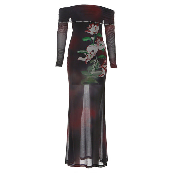 Off shoulder long sleeve flower print mesh maxi dress