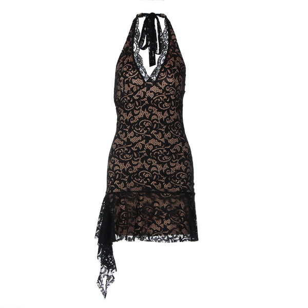 Halter v neck ruffle lace mini dress