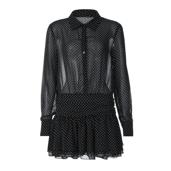 Turnover collar long sleeve button chiffon polka dot mini dress
