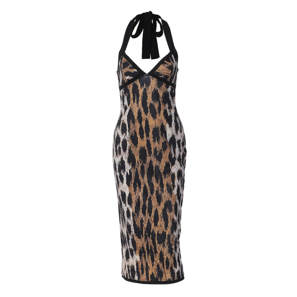 Leopard print halter v neck backless slit maxi dress