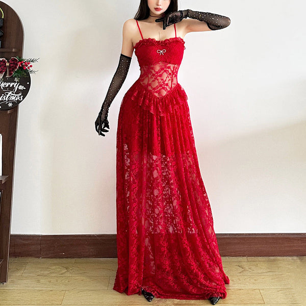 Lace hem bowknot solid cami maxi dress