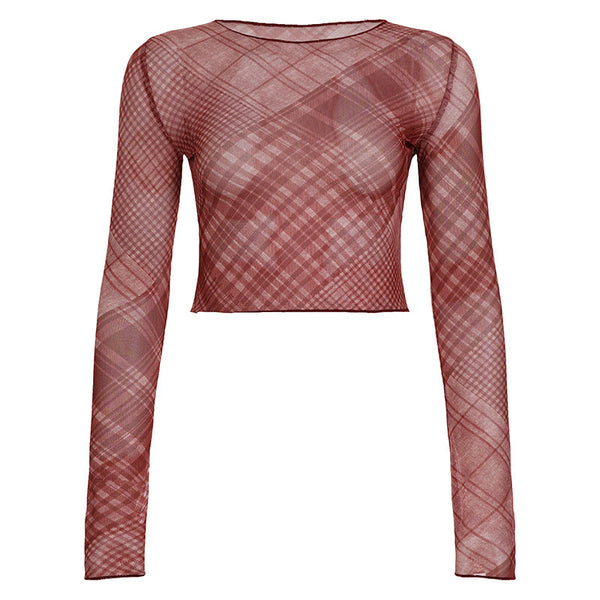 Long sleeve plaid crewneck sheer mesh top