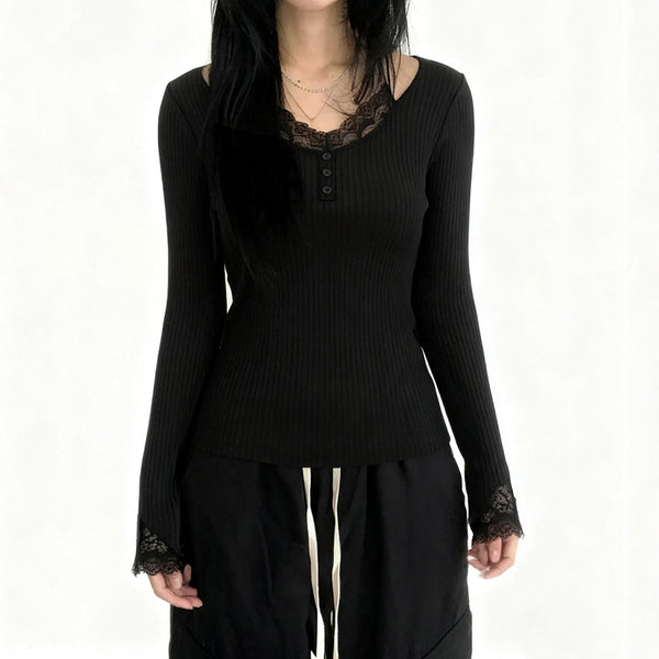 Long sleeve lace hem v neck solid top