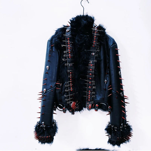 Long sleeve PU leather rivet fluffy coat top