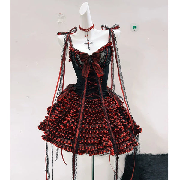 Bowknot ruffle self tie hollow out mini skirt set