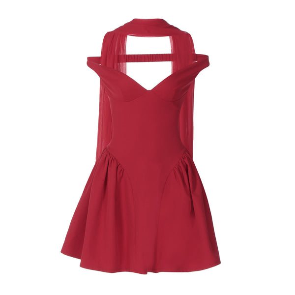 V neck off shoulder solid zip-up mini dress