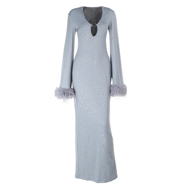 Hollow out slit long sleeve fluffy glitter maxi dress
