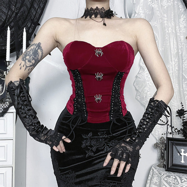 Sweetheart neck spider applique velvet tube top