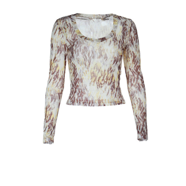 Print u neck long sleeve contrast top