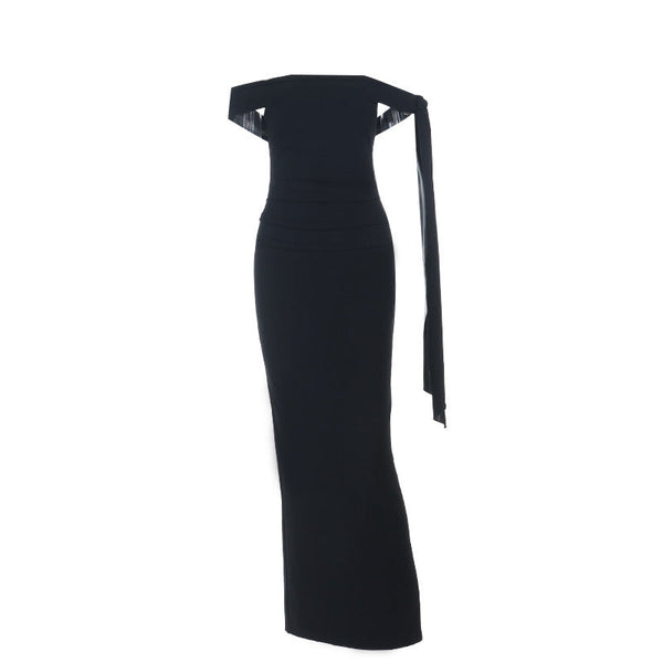 Off shoulder slit irregular solid maxi dress