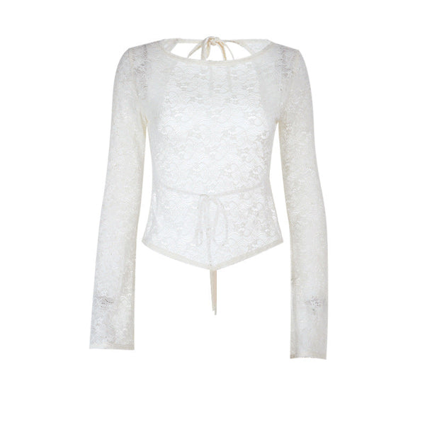 Long sleeve round neck self tie backless lace top