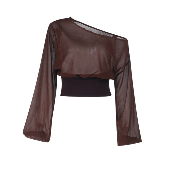 Long sleeve irregular see through one shoulder top