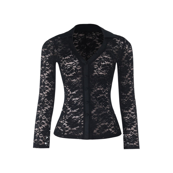 Lace long sleeve v neck button see through top