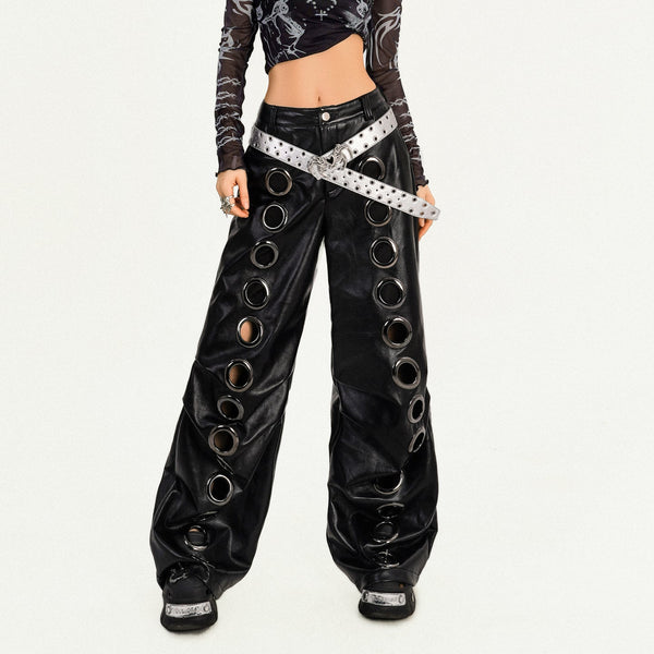 Hollow out PU leather button wide leg pant