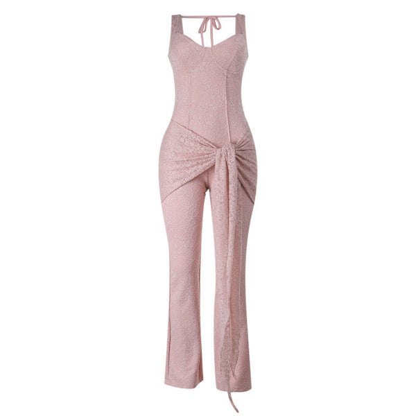 Self tie v neck zip-up lace v neck cami jumpsuit