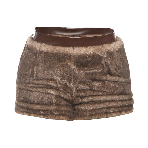 Fluffy PU leather patchwork zip-up short pant