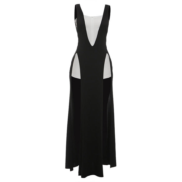 Square neck zip-up high slit maxi dress