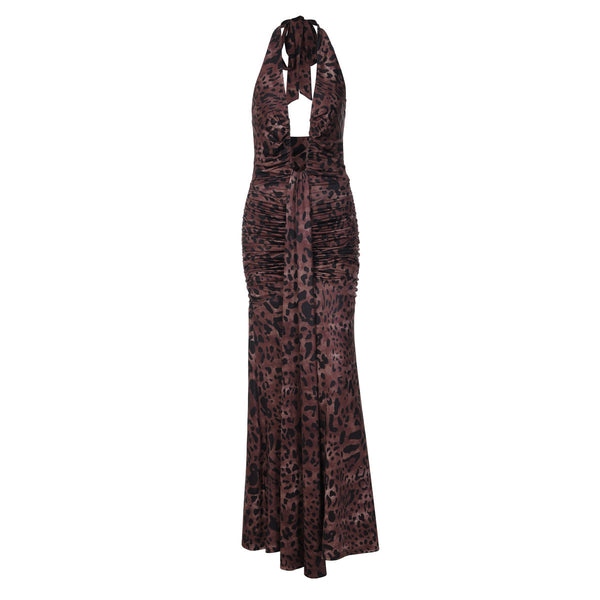 Halter self tie leopard print ruched backless maxi dress