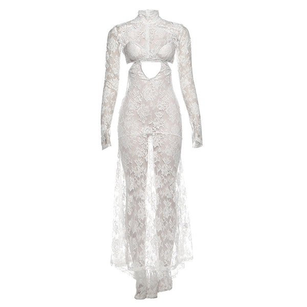 High neck long sleeve hollow out lace see through maxi dress