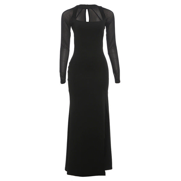 Long sleeve hollow out mesh high slit maxi dress