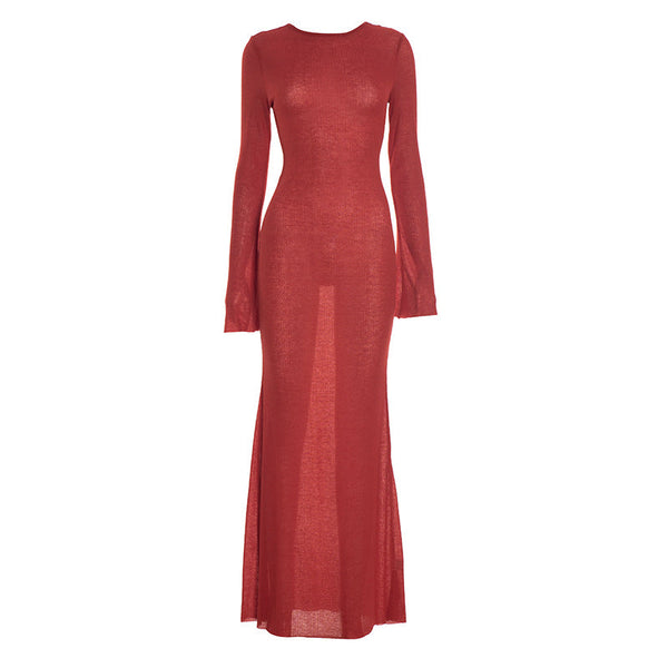 Long flared sleeve crewneck backless maxi dress