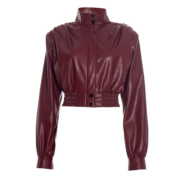 Long sleeve zip-up PU leather turnover collar top