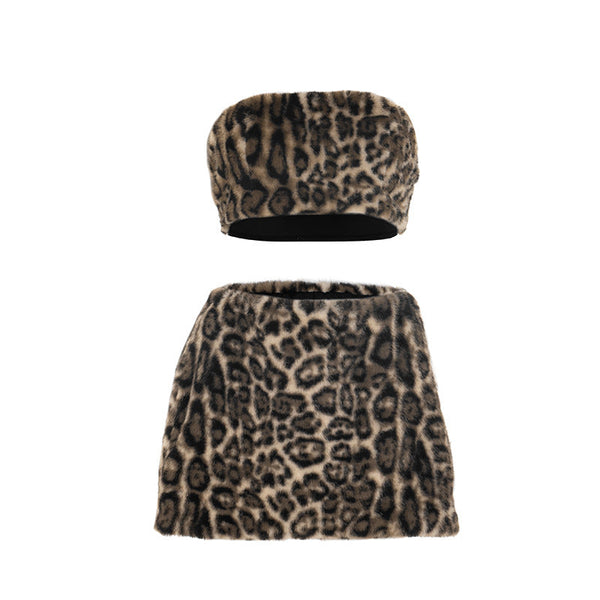 Leopard print fluffy tube mini skirt set