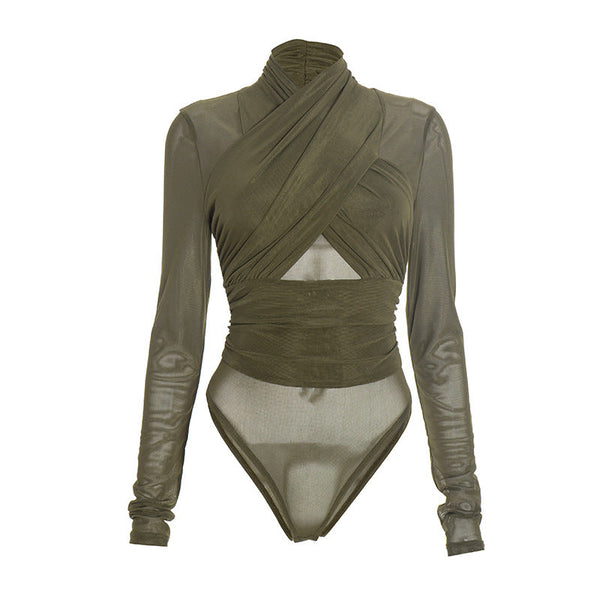 Long sleeve mesh ruched button bodysuit