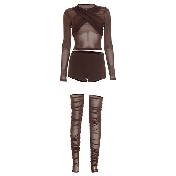 Crewneck long sleeve ruched mesh pant set