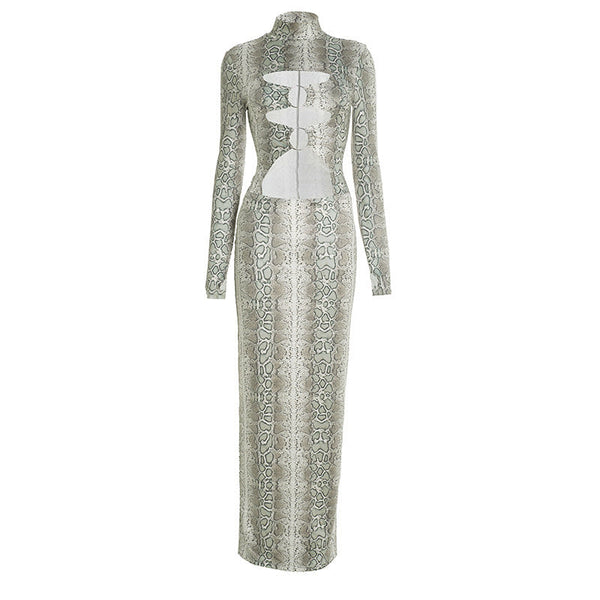 Hollow out long sleeve snakeskin print o ring maxi dress