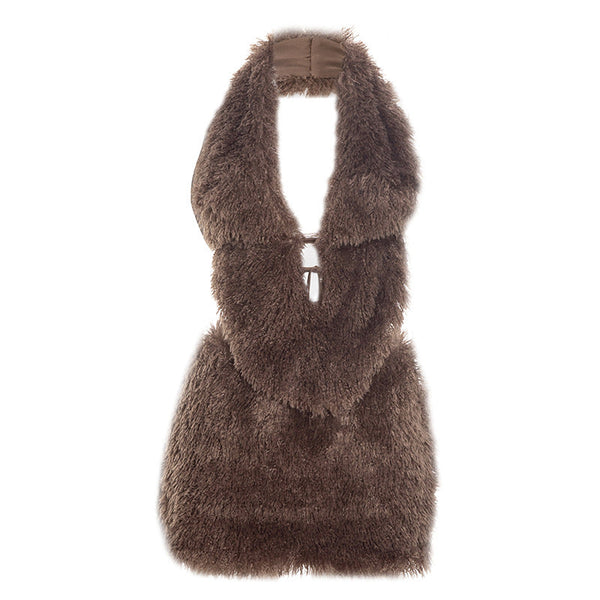 Fluffy halter self tie backless v neck mini skirt set