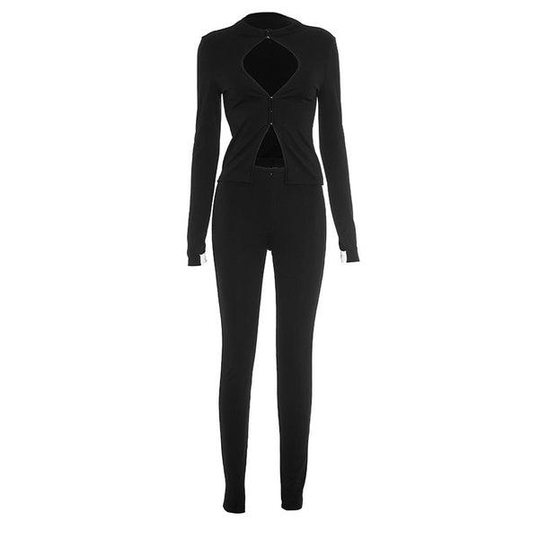 Long sleeve hollow out crewneck zip-up pant set