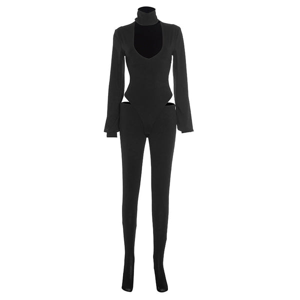 Long sleeve high neck hollow out button pant set