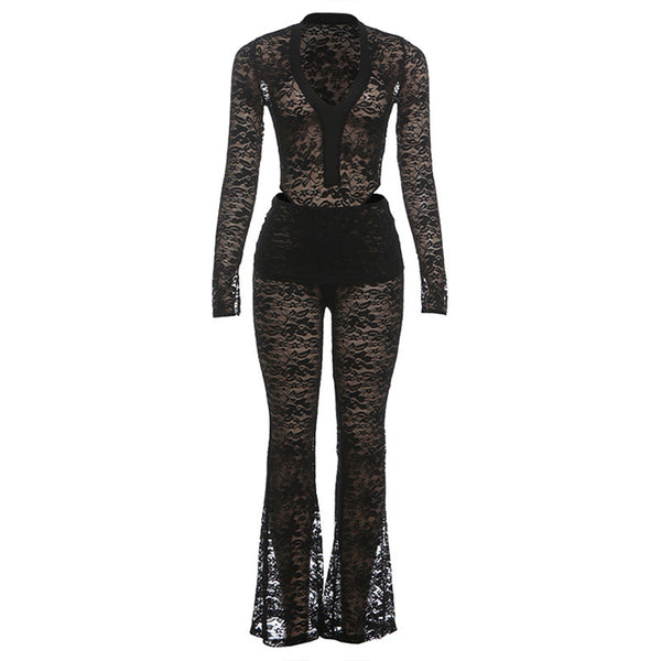 Long sleeve v neck lace pant set